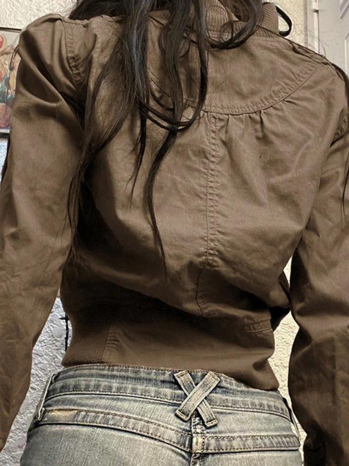 Style Core Aesthetics, New Style Trends - Vintage Brown Zip Up Slim Short Jacket Style Core Aesthetics, New Style Trends - Vintage Brown Zip Up Slim Short Jacket