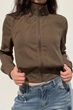 Style Core Aesthetics, New Style Trends - Vintage Brown Zip Up Slim Short Jacket