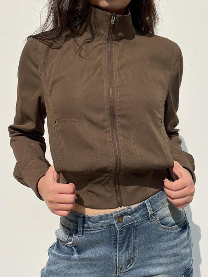 Style Core Aesthetics, New Style Trends - Vintage Brown Zip Up Slim Short Jacket Style Core Aesthetics, New Style Trends - Vintage Brown Zip Up Slim Short Jacket