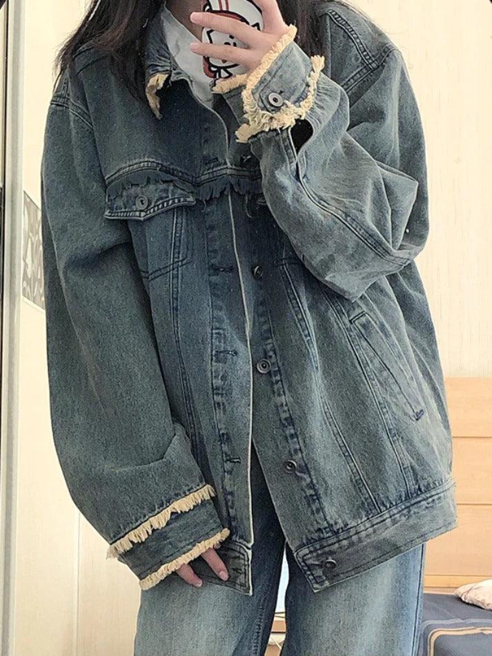 Style Core Aesthetics, New Style Trends - Vintage Denim Raw Edge Embellished Jacket Style Core Aesthetics, New Style Trends - Vintage Denim Raw Edge Embellished Jacket