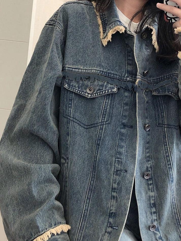 Style Core Aesthetics, New Style Trends - Vintage Denim Raw Edge Embellished Jacket Style Core Aesthetics, New Style Trends - Vintage Denim Raw Edge Embellished Jacket