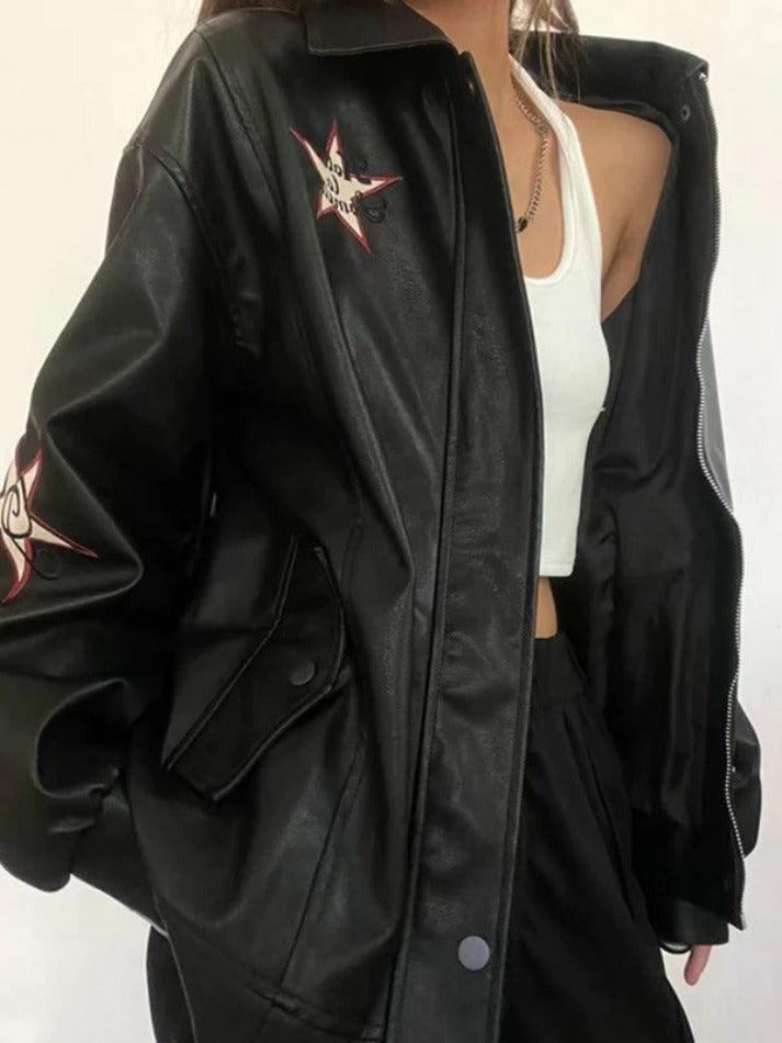 Style Core Aesthetics, New Style Trends - Vintage Embroidery Lapel Neck Leather Jacket Style Core Aesthetics, New Style Trends - Vintage Embroidery Lapel Neck Leather Jacket