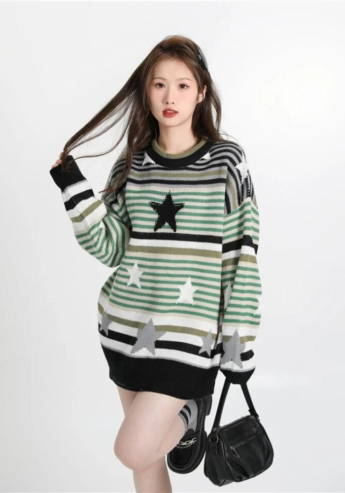 Style Core Aesthetics, New Style Trends - Vintage Star Printed Knit Sweater Style Core Aesthetics, New Style Trends - Vintage Star Printed Knit Sweater