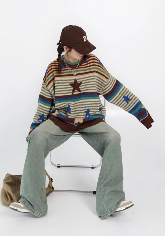 Style Core Aesthetics, New Style Trends - Vintage Star Printed Knit Sweater Style Core Aesthetics, New Style Trends - Vintage Star Printed Knit Sweater