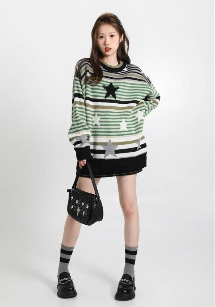 Style Core Aesthetics, New Style Trends - Vintage Star Printed Knit Sweater Style Core Aesthetics, New Style Trends - Vintage Star Printed Knit Sweater