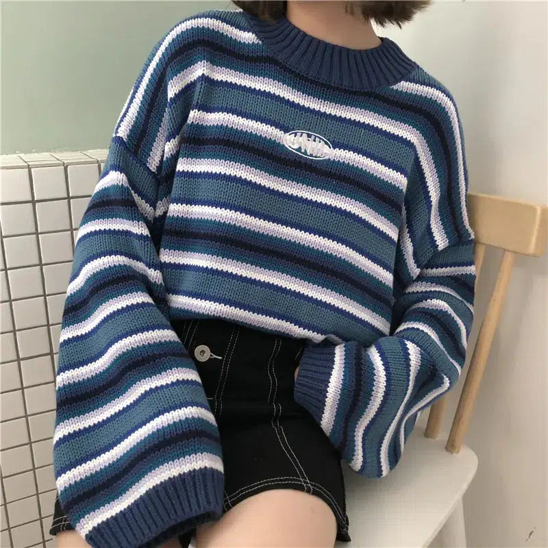 Style Core Aesthetics, New Style Trends - Wide Sleeved Striped Knitted Sweater Style Core Aesthetics, New Style Trends - Wide Sleeved Striped Knitted Sweater