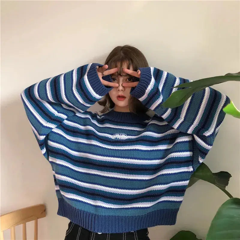Style Core Aesthetics, New Style Trends - Wide Sleeved Striped Knitted Sweater Style Core Aesthetics, New Style Trends - Wide Sleeved Striped Knitted Sweater