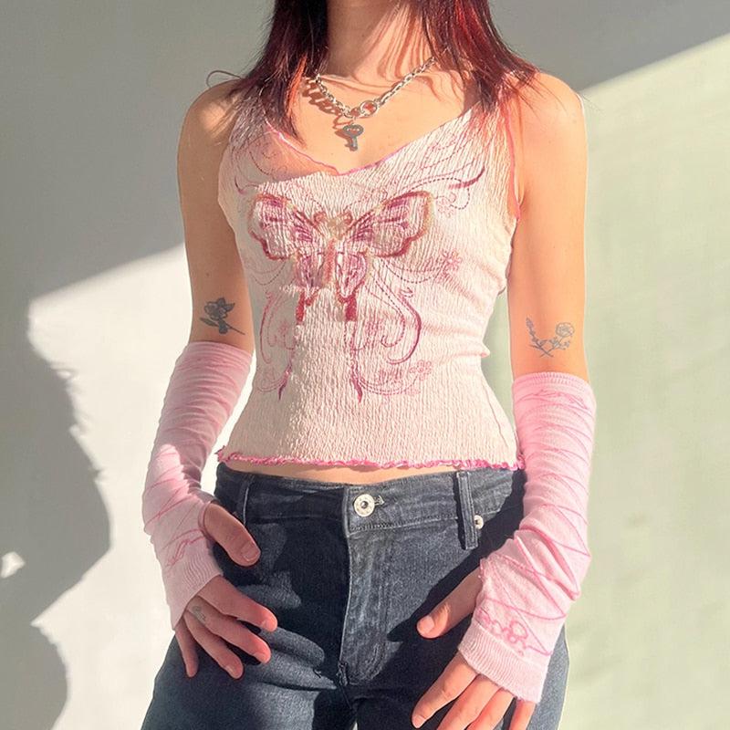 Style Core Aesthetics, New Style Trends - Y2K Butterfly Pink Crop Top Style Core Aesthetics, New Style Trends - Y2K Butterfly Pink Crop Top