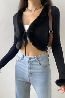 Style Core Aesthetics, New Style Trends - Y2K Faux Fur Corduroy Crop Cardigan