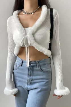 Style Core Aesthetics, New Style Trends - Y2K Faux Fur Corduroy Crop Cardigan