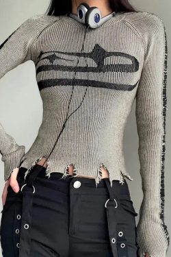 Style Core Aesthetics, New Style Trends - Y2K Grunge Long Sleeve Distressed Top
