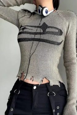 Style Core Aesthetics, New Style Trends - Y2K Grunge Long Sleeve Distressed Top