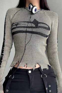 Style Core Aesthetics, New Style Trends - Y2K Grunge Long Sleeve Distressed Top
