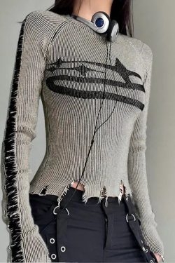 Style Core Aesthetics, New Style Trends - Y2K Grunge Long Sleeve Distressed Top