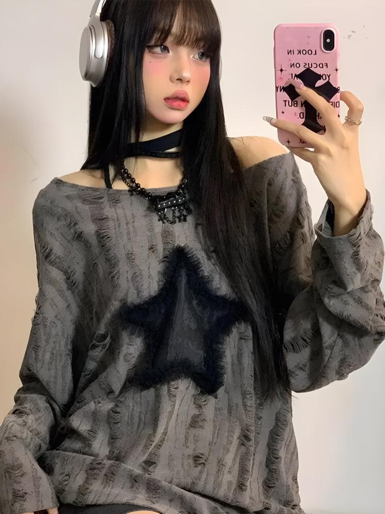 Style Core Aesthetics, New Style Trends - Y2K Grunge Star Distressed Sweater Style Core Aesthetics, New Style Trends - Y2K Grunge Star Distressed Sweater
