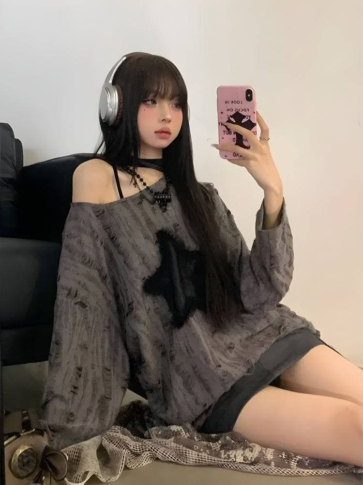 Style Core Aesthetics, New Style Trends - Y2K Grunge Star Distressed Sweater Style Core Aesthetics, New Style Trends - Y2K Grunge Star Distressed Sweater