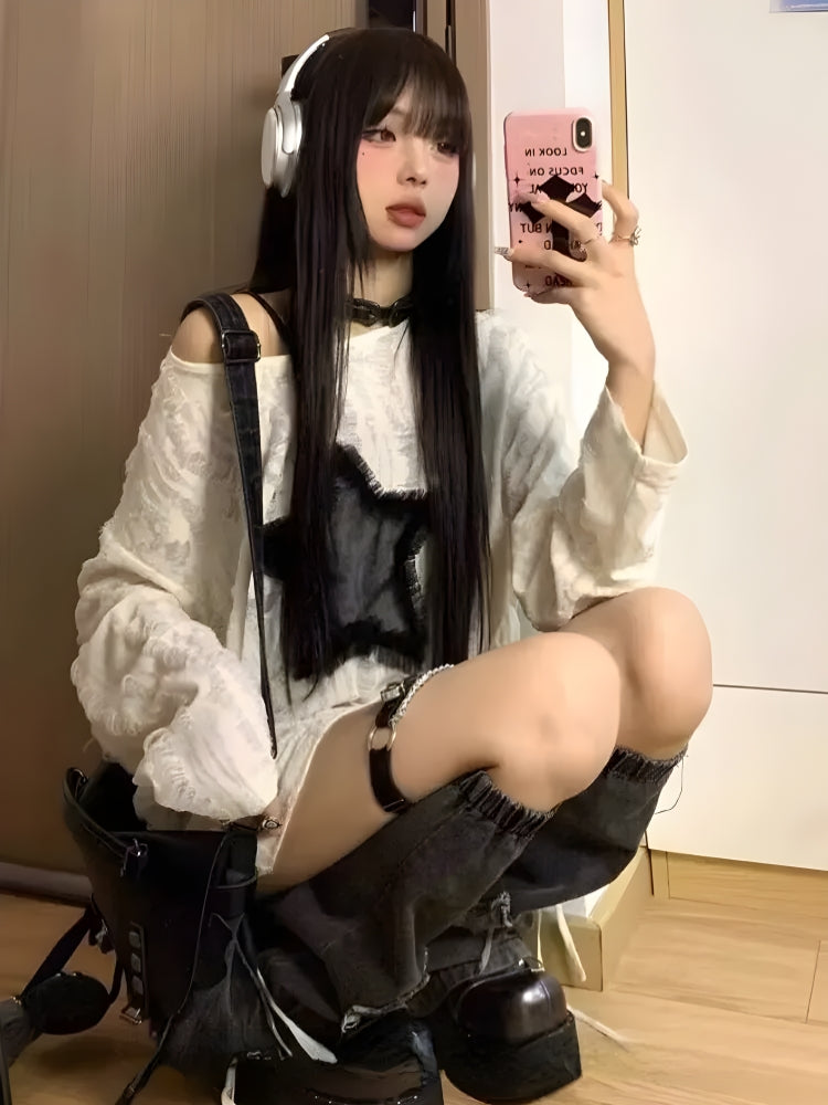Style Core Aesthetics, New Style Trends - Y2K Grunge Star Distressed Sweater Style Core Aesthetics, New Style Trends - Y2K Grunge Star Distressed Sweater