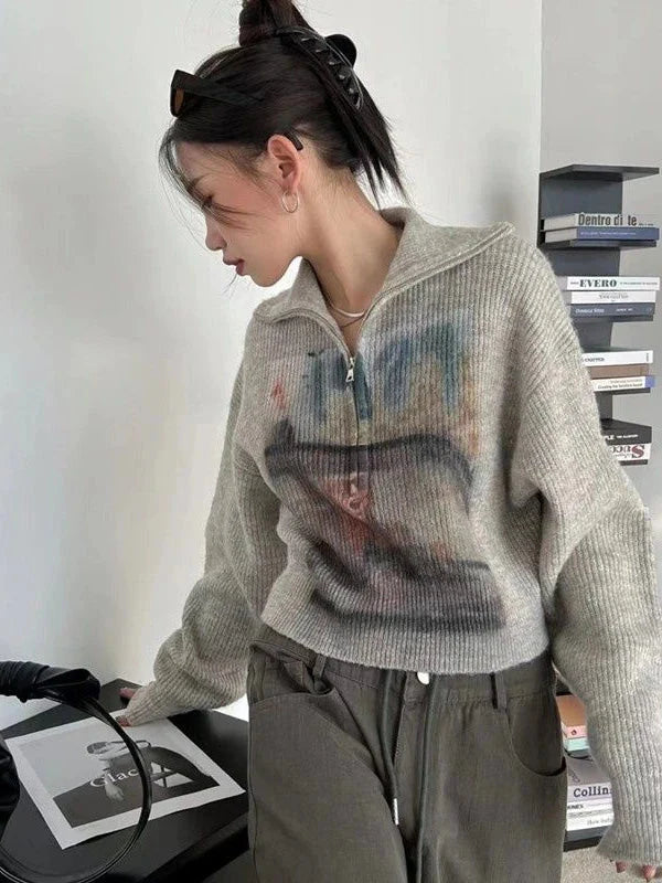 Style Core Aesthetics, New Style Trends - Y2K Half Zip-Up Knitted Sweater Style Core Aesthetics, New Style Trends - Y2K Half Zip-Up Knitted Sweater