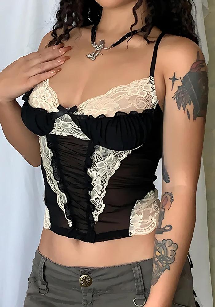 Style Core Aesthetics, New Style Trends - Y2K Lace Sheer Cropped Top Style Core Aesthetics, New Style Trends - Y2K Lace Sheer Cropped Top