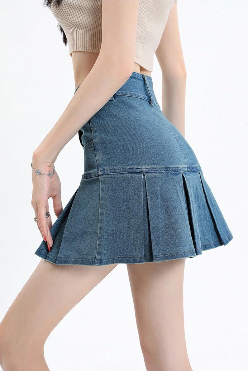 Style Core Aesthetics, New Style Trends - Y2K Pleated Jean Mini Skort Style Core Aesthetics, New Style Trends - Y2K Pleated Jean Mini Skort