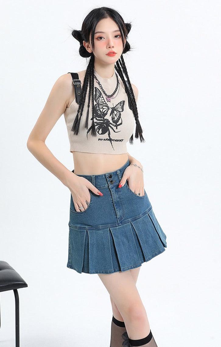 Style Core Aesthetics, New Style Trends - Y2K Pleated Jean Mini Skort Style Core Aesthetics, New Style Trends - Y2K Pleated Jean Mini Skort