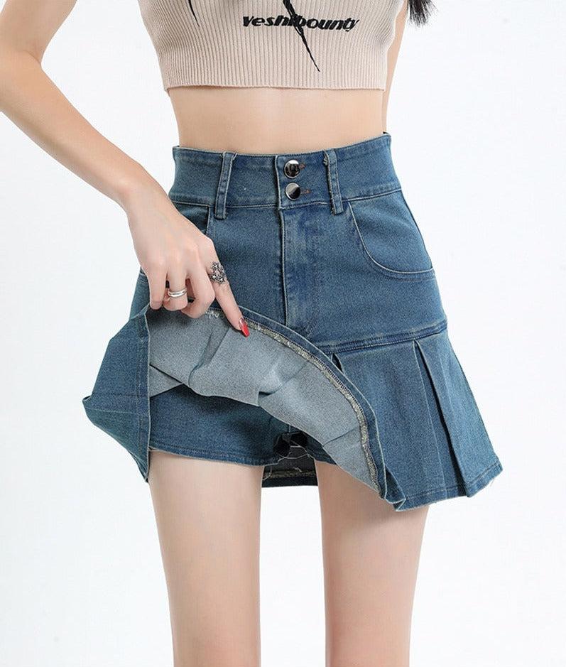 Style Core Aesthetics, New Style Trends - Y2K Pleated Jean Mini Skort Style Core Aesthetics, New Style Trends - Y2K Pleated Jean Mini Skort