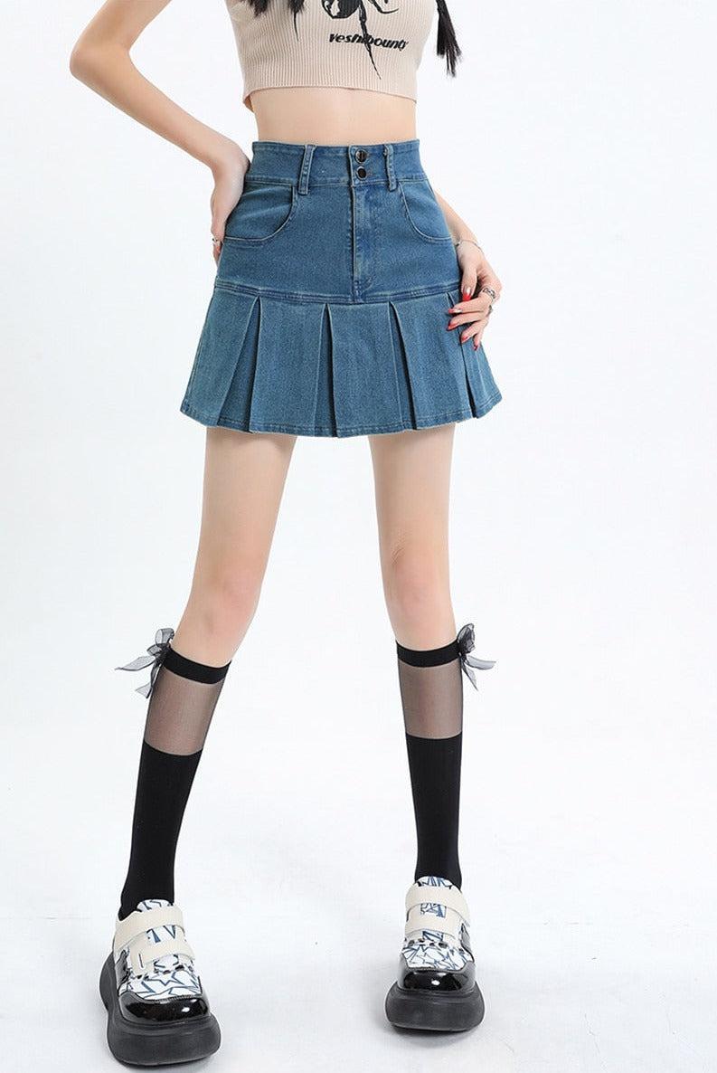 Style Core Aesthetics, New Style Trends - Y2K Pleated Jean Mini Skort Style Core Aesthetics, New Style Trends - Y2K Pleated Jean Mini Skort