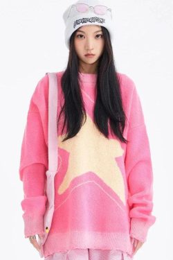 Style Core Aesthetics, New Style Trends - Y2K Star Distressed Sweater