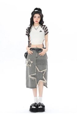 Style Core Aesthetics, New Style Trends - Y2K Star Patchwork Midi Skirt