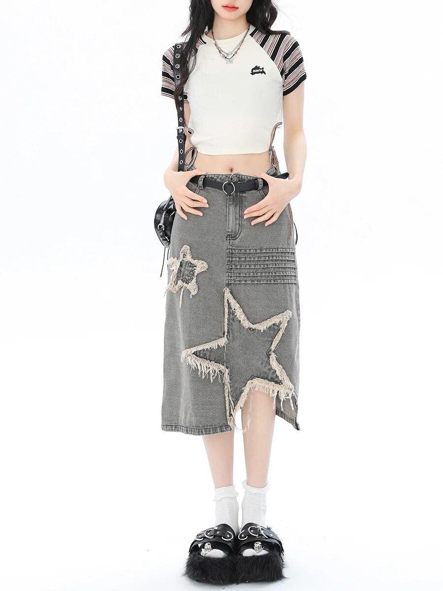 Style Core Aesthetics, New Style Trends - Y2K Star Patchwork Midi Skirt Style Core Aesthetics, New Style Trends - Y2K Star Patchwork Midi Skirt