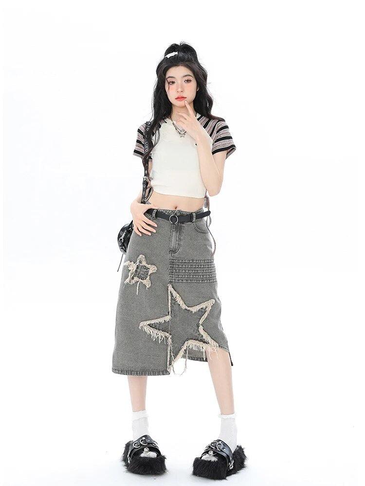 Style Core Aesthetics, New Style Trends - Y2K Star Patchwork Midi Skirt Style Core Aesthetics, New Style Trends - Y2K Star Patchwork Midi Skirt