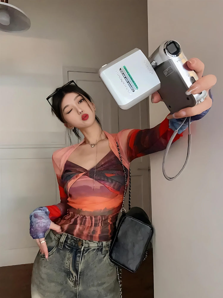 Style Core Aesthetics, New Style Trends - Y2K Sunset Mesh Top Style Core Aesthetics, New Style Trends - Y2K Sunset Mesh Top