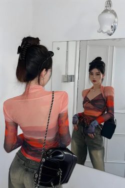 Style Core Aesthetics, New Style Trends - Y2K Sunset Mesh Top