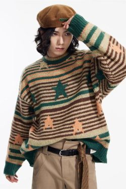 Style Core Aesthetics, New Style Trends - Y2K Vintage Stars Striped Knitted Sweater
