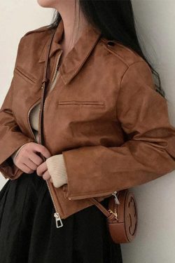 Style Core Aesthetics, New Style Trends - Zip Up Lapel Neck Leather Short Jacket