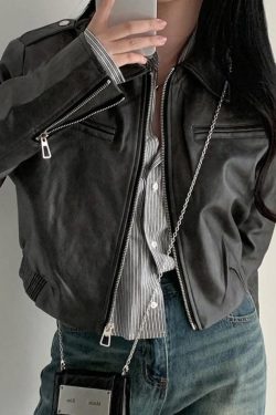 Style Core Aesthetics, New Style Trends - Zip Up Lapel Neck Leather Short Jacket