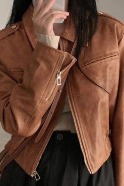 Style Core Aesthetics, New Style Trends - Zip Up Lapel Neck Leather Short Jacket