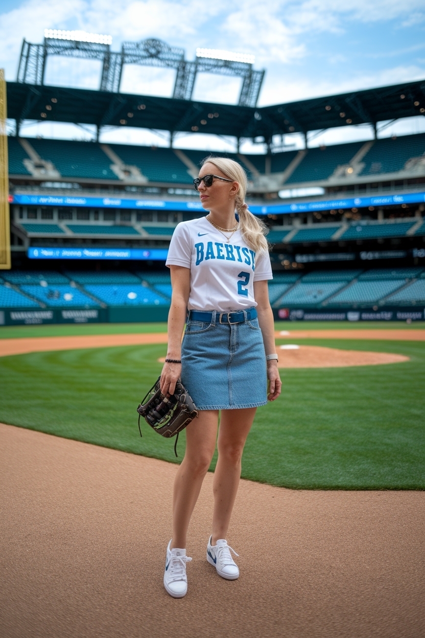 Baseball Game Outfit Women Denim Skirt: Sporty Chic outfit idea
