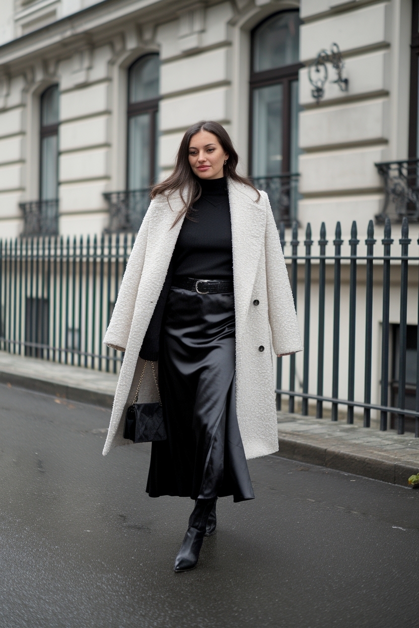 Glamorous Black Satin Skirt Outfit Winter for a Night Out outfit idea