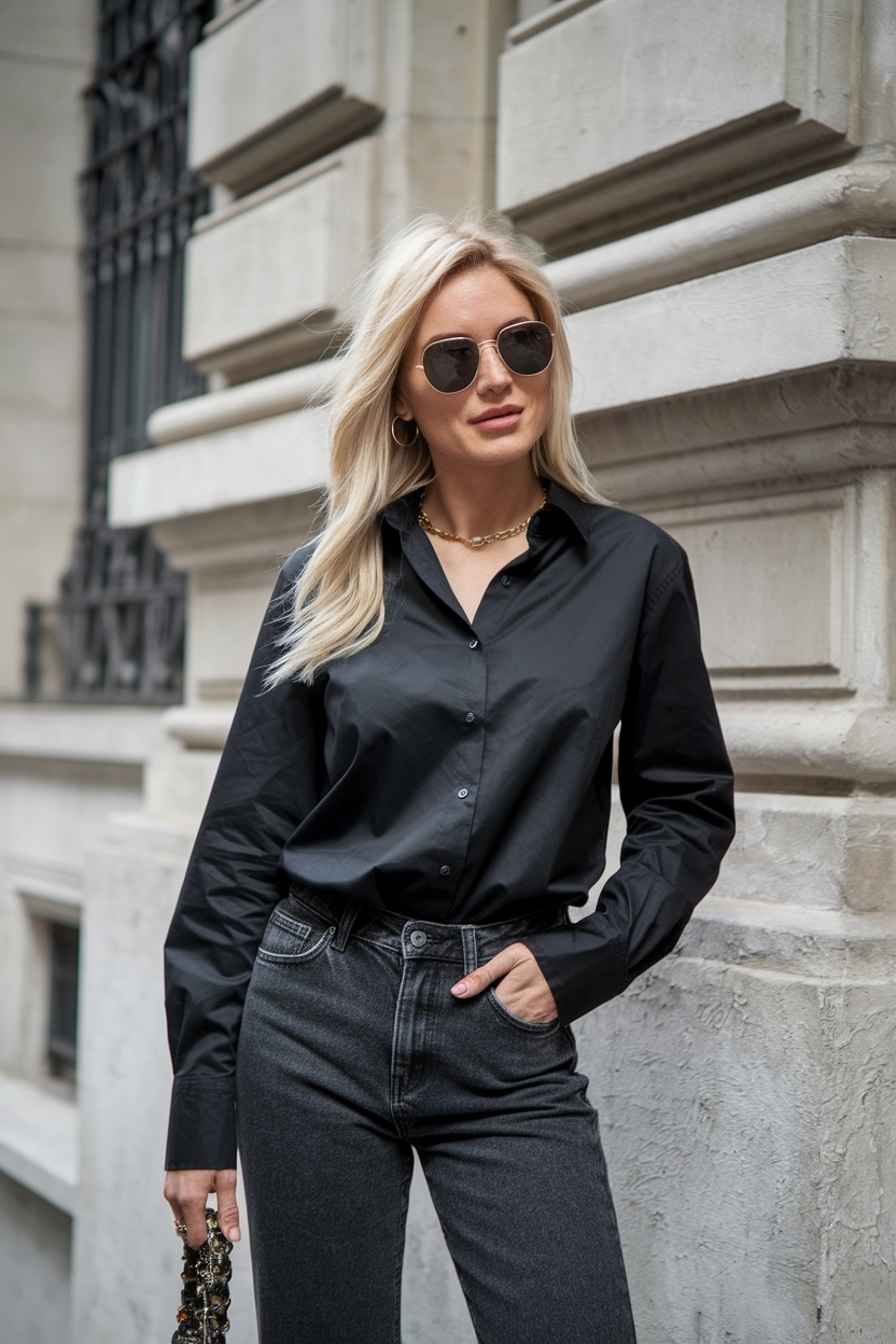 Classic Black Shirt and Jeans Outfit for Timeless Appeal outfit idea