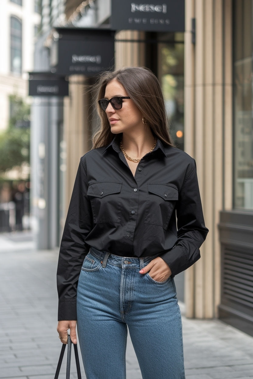 Chic Black Shirt with Jeans Outfit for a Modern Look outfit idea