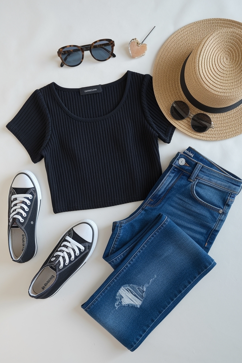 Chic Black Top Blue Jeans Outfit for Effortless Style outfit idea
