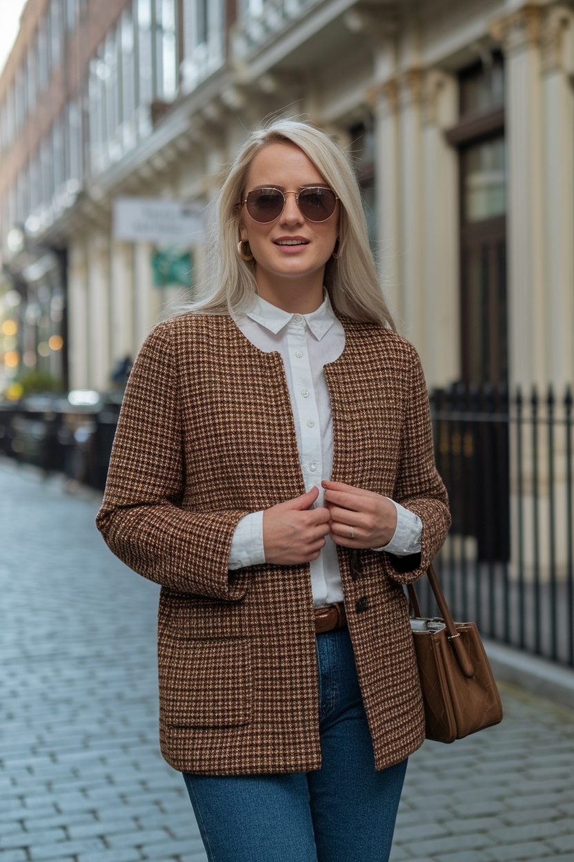 Brown Tweed Cardigan Outfit Women for a Classic Look outfit idea