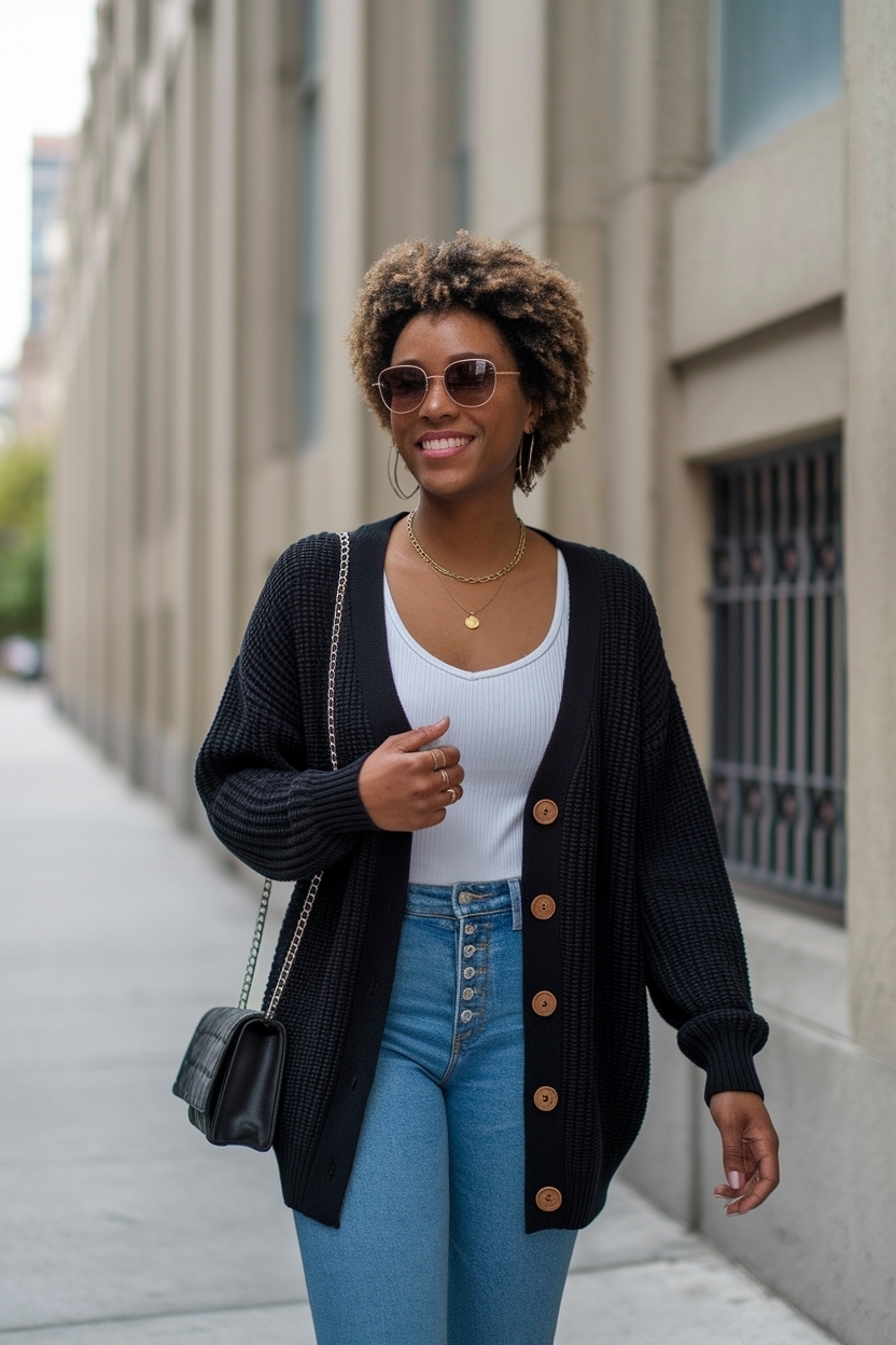 Button Up Cardigan Outfit Black Women for Casual Days outfit idea