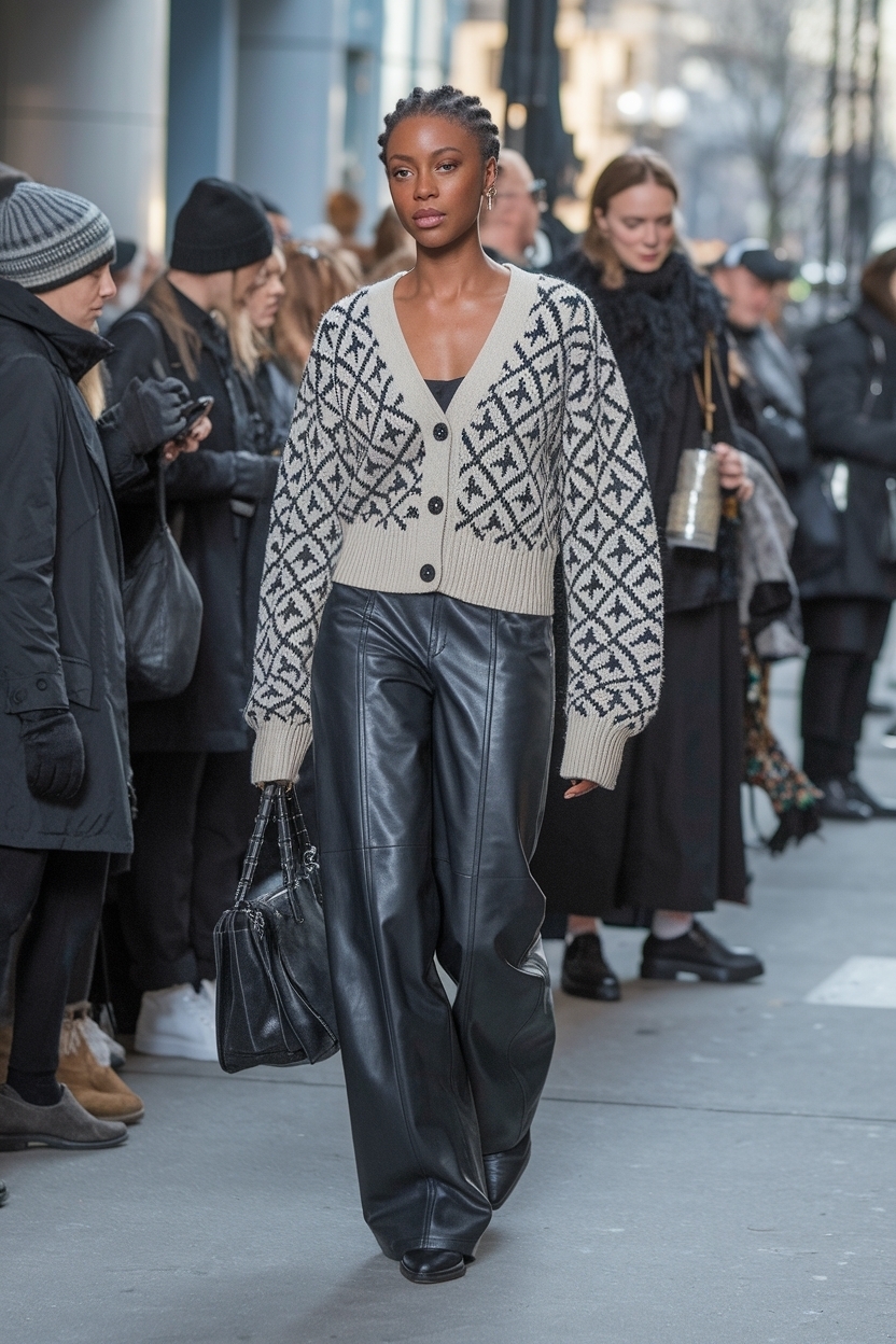 Cardigan and Leather Pants Outfit for Black Women outfit idea