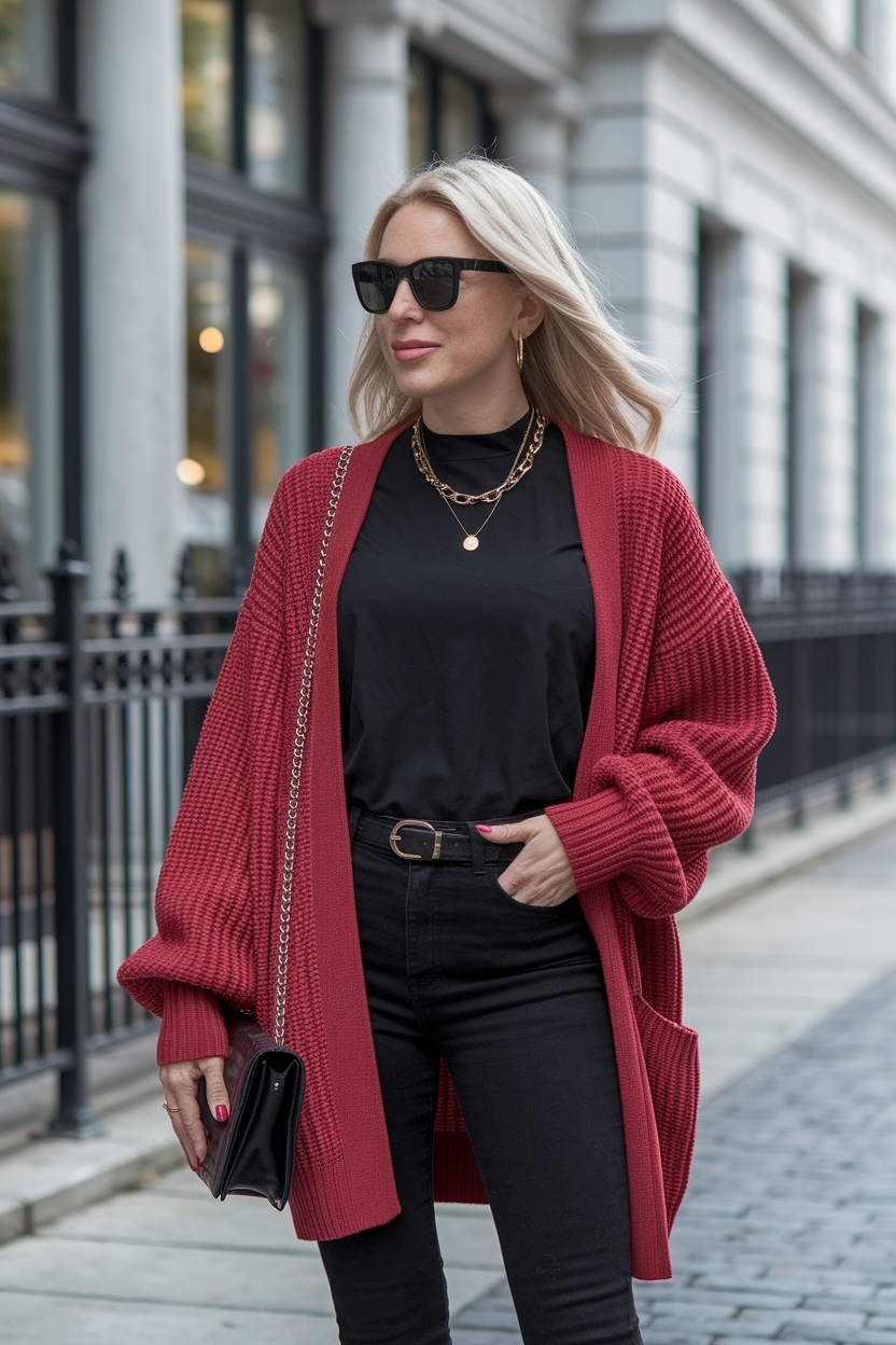 Cardigan Outfit Black Women Red: Bold Color Inspirations outfit idea