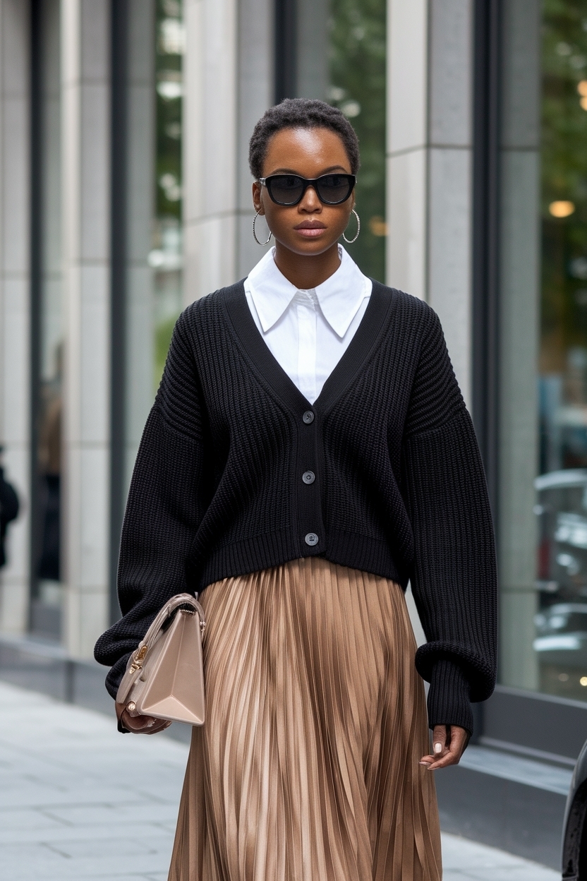 Cardigan Skirt Outfit Black Women: Stylish Layering outfit idea