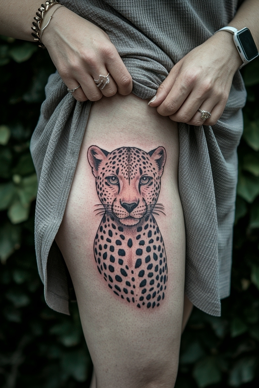 Cheetah Print Tattoo on Thigh: Trendy Body Art outfit idea