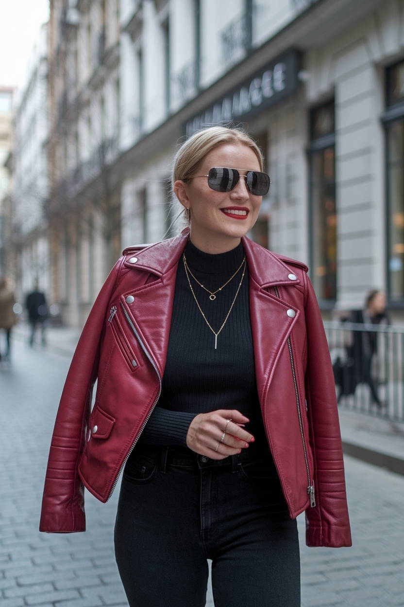 Cherry Red Leather Jacket Outfit for Bold Fashion Statements outfit idea