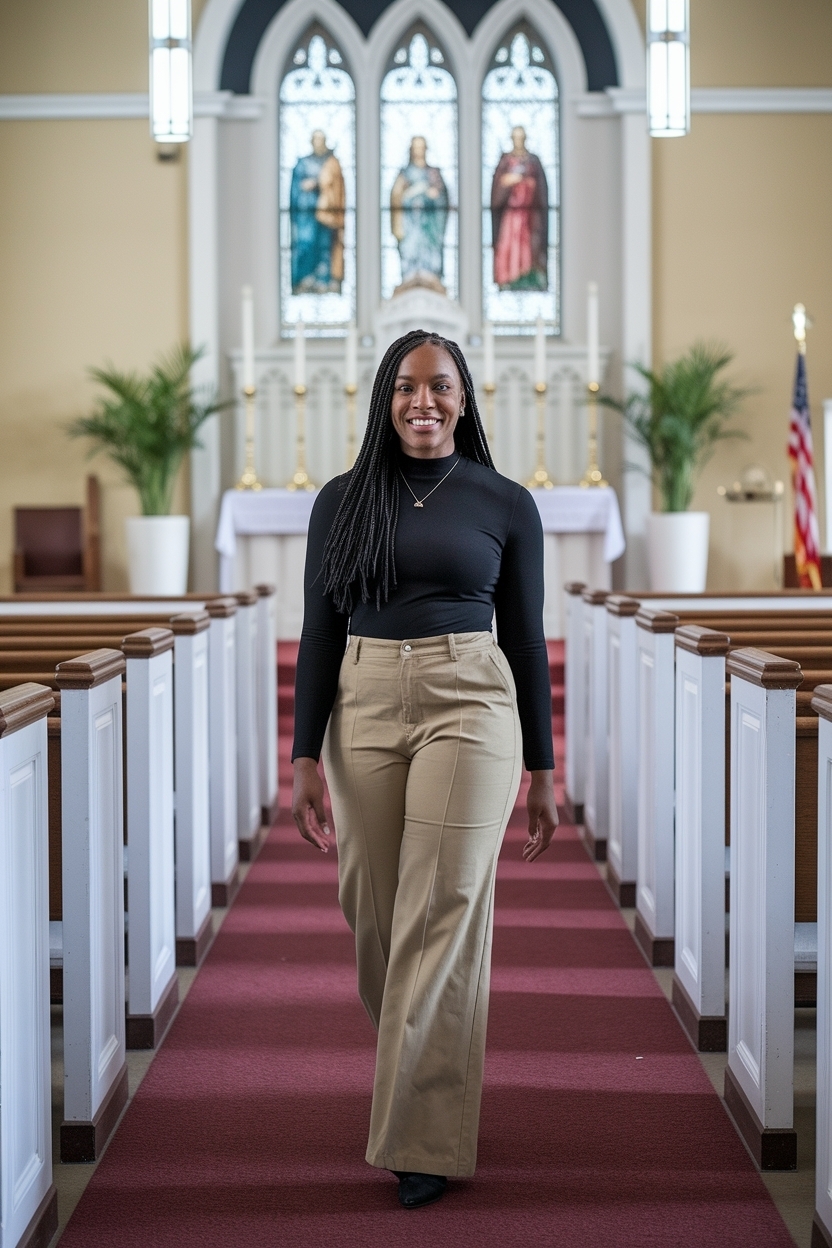 20. Smart Church Outfit Black Women Khaki Pants Styles outfit idea